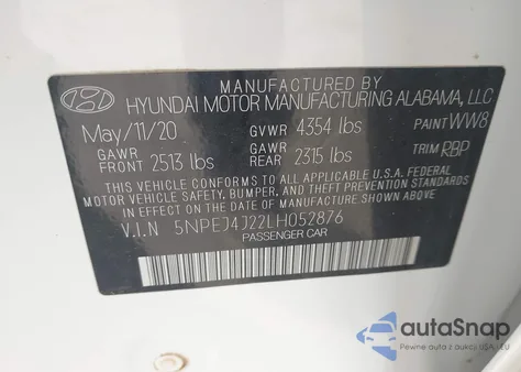 2020 Hyundai Sonata Sel Plus z USA, uszkodzony, nr VIN 5NPEJ4J22LH052876